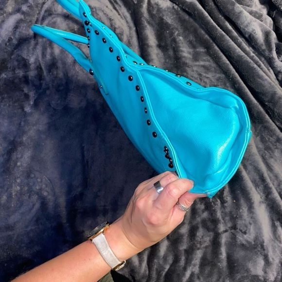 Revolution Turquoise Blue Leather Studded Shoulder Bag Top Handle Purse Tassel - Picture 6 of 13